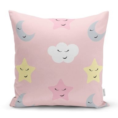 Pembe Zeminli Ay Ve Yıldız Desenli Dijital Baskılı Özel Tasarım Modern Yastık Kırlent Kılıfı