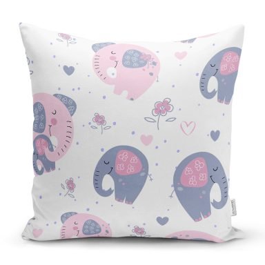 Pembe Fil Motifli Dijital Baskılı Özel Tasarım Modern Yastık Kırlent Kılıfı