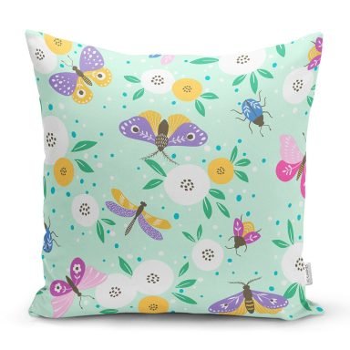 Yeşil Zeminde Kelebekler Dijital Baskılı Özel Tasarım Modern Yastık Kırlent Kılıfı