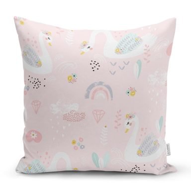 Pembe Zeminde Sevimli Kuğular Dijital Baskılı Özel Tasarım Modern Yastık Kırlent Kılıfı