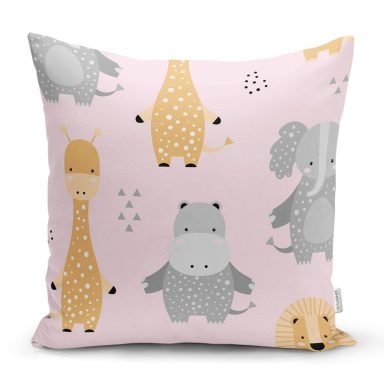 Sevimli Zürafa Su Aygırı Ve Fil Motifli Dijital Baskılı Özel Tasarım Modern Yastık Kırlent Kılıfı