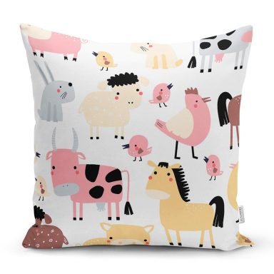 Sevimli Çiftlik Hayvanları Temalı Dijital Baskılı Özel Tasarım Modern Yastık Kırlent Kılıfı