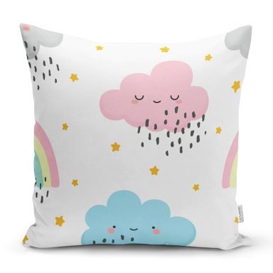 Sevimli Yağmur Bulutları Realhomes Dijital Baskılı Özel Tasarım Modern Yastık Kırlent Kılıfı
