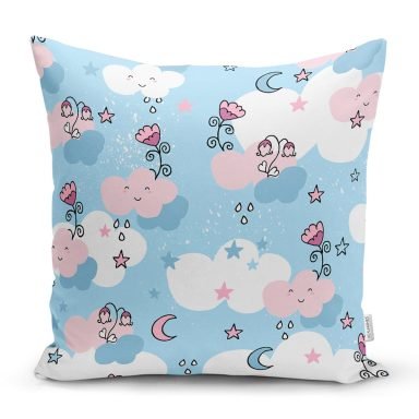 Sevimli Bulut Temalı Dijital Baskılı Özel Tasarım Modern Yastık Kırlent Kılıfı