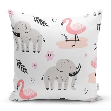Flamingo Ve Fil Motifli Dijital Baskılı Özel Tasarım Modern Yastık Kırlent Kılıfı