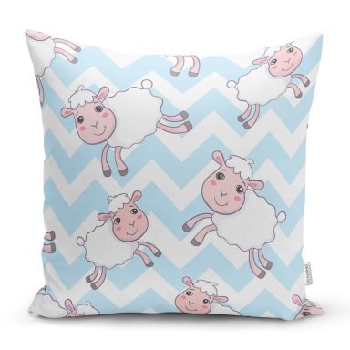 Mavi Zikzak Üzerinde Sevimli Koyun Temalı Dijital Baskılı Özel Tasarım Modern Yastık Kırlent Kılıfı