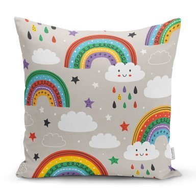 Gökkuşağı Ve Bulut Temalı Dijital Baskılı Özel Tasarım Modern Yastık Kırlent Kılıfı