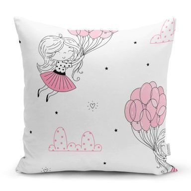 Balonlu Kız Motifli Dijital Baskılı Özel Tasarım Modern Yastık Kırlent Kılıfı