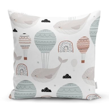Balina Ve Balon Motifli Dijital Baskılı Özel Tasarım Modern Yastık Kırlent Kılıfı