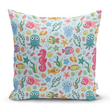 Deniz Hayvanları Temalı Dijital Baskılı Özel Tasarım Modern Yastık Kırlent Kılıfı