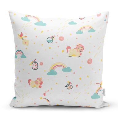 Gökkuşağı Ve Tek Boynuzlu At Temalı Dijital Baskılı Özel Tasarım Modern Yastık Kırlent Kılıfı