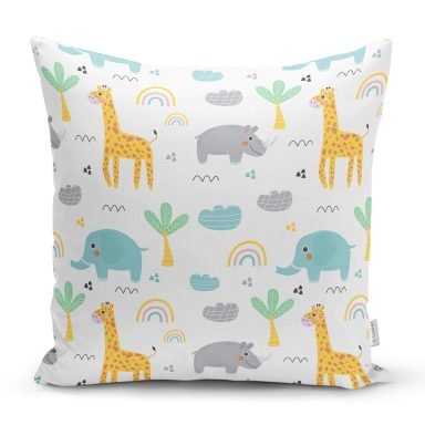 Zürafa Fil Temalı Dijital Baskılı Özel Tasarım Modern Yastık Kırlent Kılıfı
