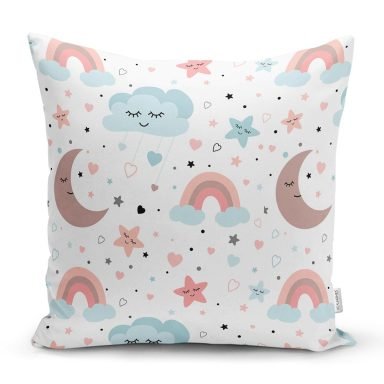 Uyku Odası Bulut Ve Ay Desenli Dijital Baskılı Özel Tasarım Modern Yastık Kırlent Kılıfı