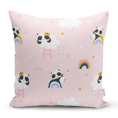 Pembe Zeminde Panda Temalı Dijital Baskılı Özel Tasarım Modern Yastık Kırlent Kılıfı