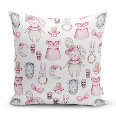 Sevimli Bebek Tavşan Motifli Dijital Baskılı Özel Tasarım Modern Yastık Kırlent Kılıfı