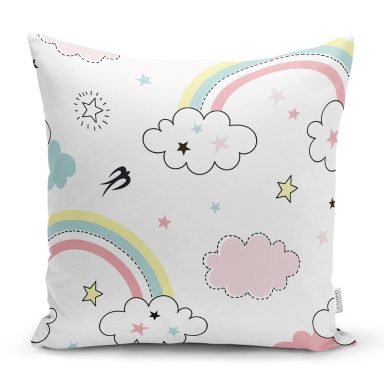 Gökkuşağı Ve Bulut Temalı Dijital Baskılı Özel Tasarım Modern Yastık Kırlent Kılıfı