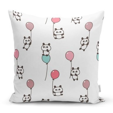 Uçan Balonlu Panda Desenli Dijital Baskılı Özel Tasarım Modern Yastık Kırlent Kılıfı