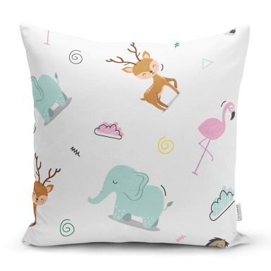 Sevimli Fil Geyik Ve Pelikan Motifli Dijital Baskılı Özel Tasarım Modern Yastık Kırlent Kılıfı