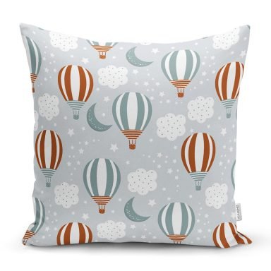 Uçan Balon Bulut Ve Ay Desenli Dijital Baskılı Özel Tasarım Modern Yastık Kırlent Kılıfı
