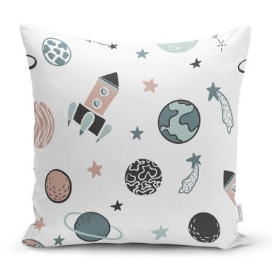Uzay Temalı Gezegen Ve Roket Desenli Dijital Baskılı Özel Tasarım Modern Yastık Kırlent Kılıfı