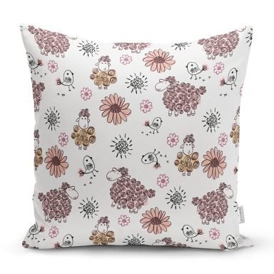 Çiçek Ve Koyun Motifli Dijital Baskılı Özel Tasarım Modern Yastık Kırlent Kılıfı