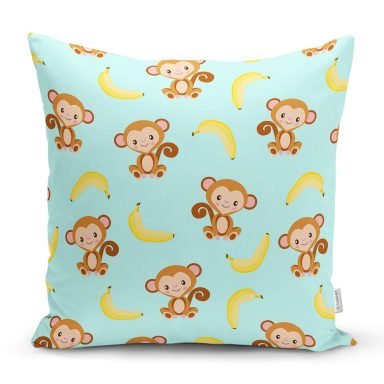 Mavi Zeminde Maymun Ve Muz Motifli Dijital Baskılı Özel Tasarım Modern Yastık Kırlent Kılıfı