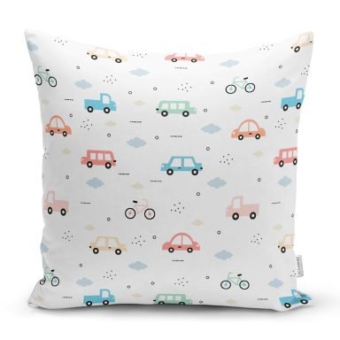 Rengarenk Araba Ve Bisiklet Motifli Dijital Baskılı Özel Tasarım Modern Yastık Kırlent Kılıfı