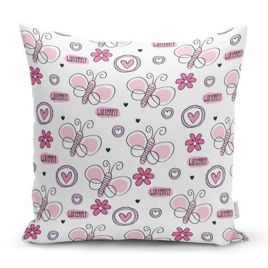 Pembe Kelebek Motifli Dijital Baskılı Özel Tasarım Modern Yastık Kırlent Kılıfı