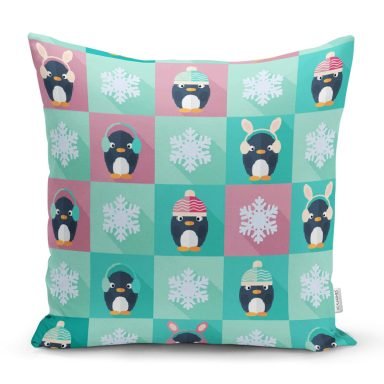 Penguen Temalı Çocuk Odası Dijital Baskılı Özel Tasarım Modern Yastık Kırlent Kılıfı
