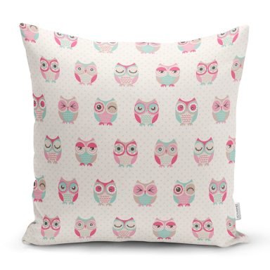 Sevimli Pembe Baykuşlar Temalı Dijital Baskılı Özel Tasarım Modern Yastık Kırlent Kılıfı