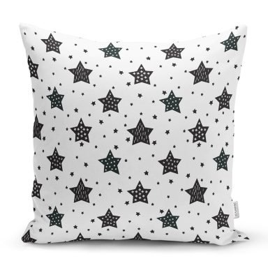Beyaz Zemin Siyah Yıldız Motifli Dijital Baskılı Özel Tasarım Modern Yastık Kırlent Kılıfı