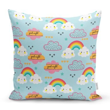 Mavi Zeminde Gökkuşağı Ve Bulut Desenli Dijital Baskılı Özel Tasarım Modern Yastık Kırlent Kılıfı