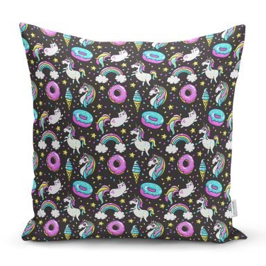 Unicorn Ve Donut Desenli Dijital Baskılı Özel Tasarım Modern Yastık Kırlent Kılıfı