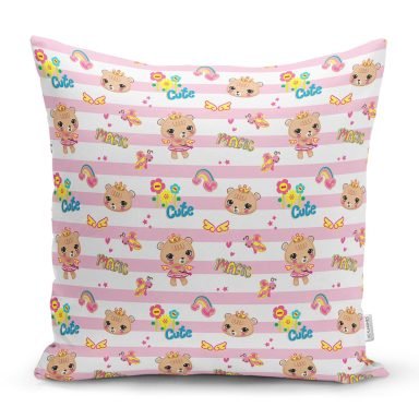 Pembe Çizgili Zeminde Şirin Ayıcık Temalı Dijital Baskılı Özel Tasarım Modern Yastık Kırlent Kılıfı