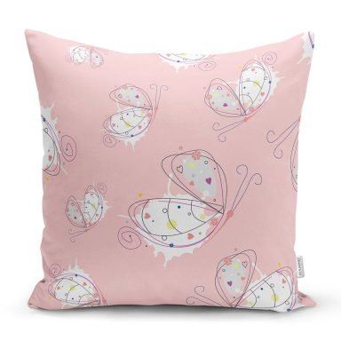Pembe Zeminli Sevimli Kelebek Motifli Dijital Baskılı Özel Tasarım Modern Yastık Kırlent Kılıfı