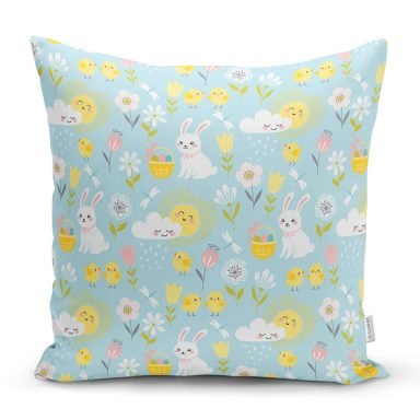 Tavşan Bulut Ve Güneş Desenli Dijital Baskılı Özel Tasarım Modern Yastık Kırlent Kılıfı