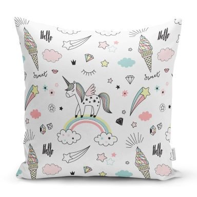 Gökkuşağı Bulut Ve Unicorn Desenli Dijital Baskılı Özel Tasarım Modern Yastık Kırlent Kılıfı
