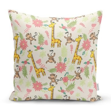 Orman Temalı Maymun Ve Zürafa Desenli Dijital Baskılı Özel Tasarım Modern Yastık Kırlent Kılıfı