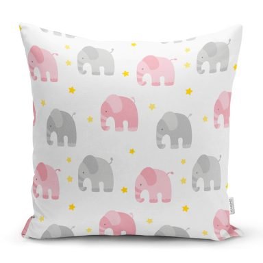 Gri Ve Pembe Fil Desenli Dijital Baskılı Özel Tasarım Modern Yastık Kırlent Kılıfı