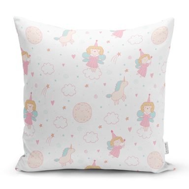Pembe Peri Kızı Ve Unicorn Desenli Dijital Baskılı Özel Tasarım Modern Yastık Kırlent Kılıfı