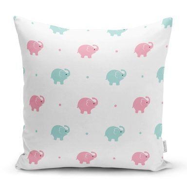 Pembe Mavi Fil Motifli Dijital Baskılı Özel Tasarım Modern Yastık Kırlent Kılıfı