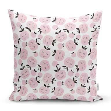 Pembe Gülümseyen Elmalar Motifli Dijital Baskılı Özel Tasarım Modern Yastık Kırlent Kılıfı