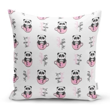 Pembe Bardak İçinde Panda Motifli Dijital Baskılı Özel Tasarım Modern Yastık Kırlent Kılıfı