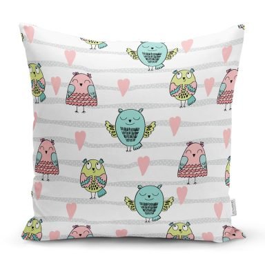 Kalp Ve Baykuş Desenli Dijital Baskılı Özel Tasarım Modern Yastık Kırlent Kılıfı