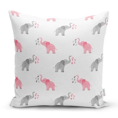Pembe Gri Fil Desenli Dijital Baskılı Özel Tasarım Modern Yastık Kırlent Kılıfı