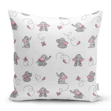 Fil Ve Pembe Kelebek Motifli Dijital Baskılı Özel Tasarım Modern Yastık Kırlent Kılıfı