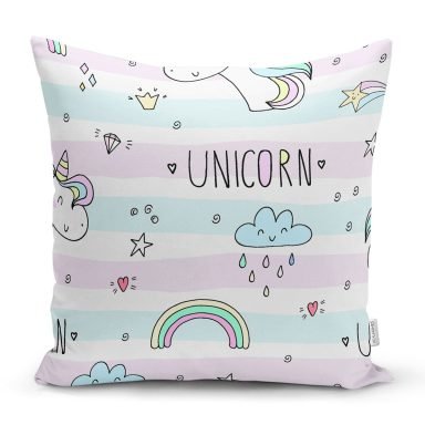 Unicorn Ve Gökkuşağı Desenli Dijital Baskılı Özel Tasarım Modern Yastık Kırlent Kılıfı