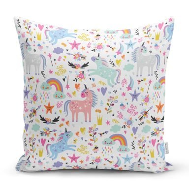 Unicorn Ve Gökkuşağı Temalı Dijital Baskılı Özel Tasarım Modern Yastık Kırlent Kılıfı