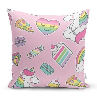 Unicorn Pasta Ve Kalp Desenli Dijital Baskılı Özel Tasarım Modern Yastık Kırlent Kılıfı