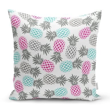 Beyaz Zeminde Ananas Motifli Dijital Baskılı Dekoratif Yastık Kırlent Kılıfı